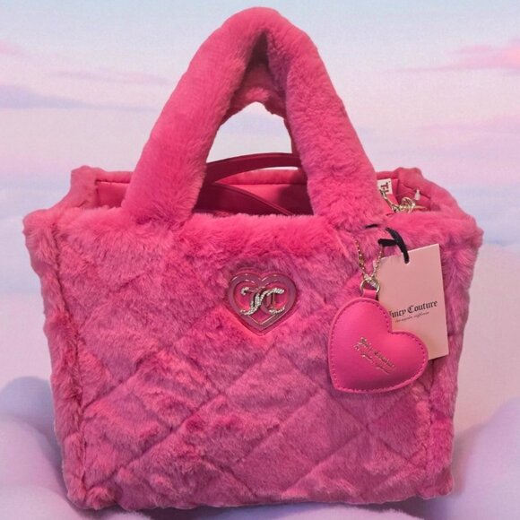 Juicy Couture Let's Get Cozy Pink Faux Fur Quilted Tote Bag Heart Charm & Strap - Picture 3 of 7